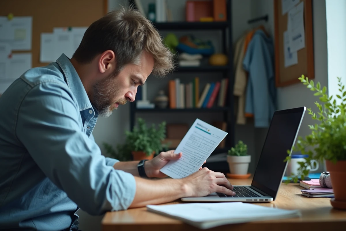 Père stressé envoyant un email justificatif d'absence scolaire depuis son bureau à domicile