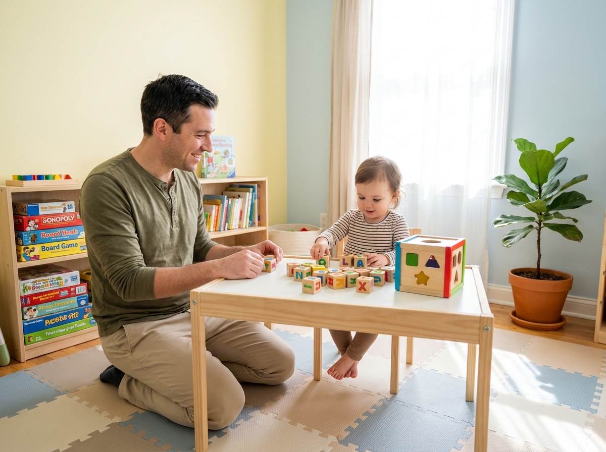 Père accompagnant sa petite fille dans un jeu de blocs éducatifs dans une salle de jeux colorée et bien rangée