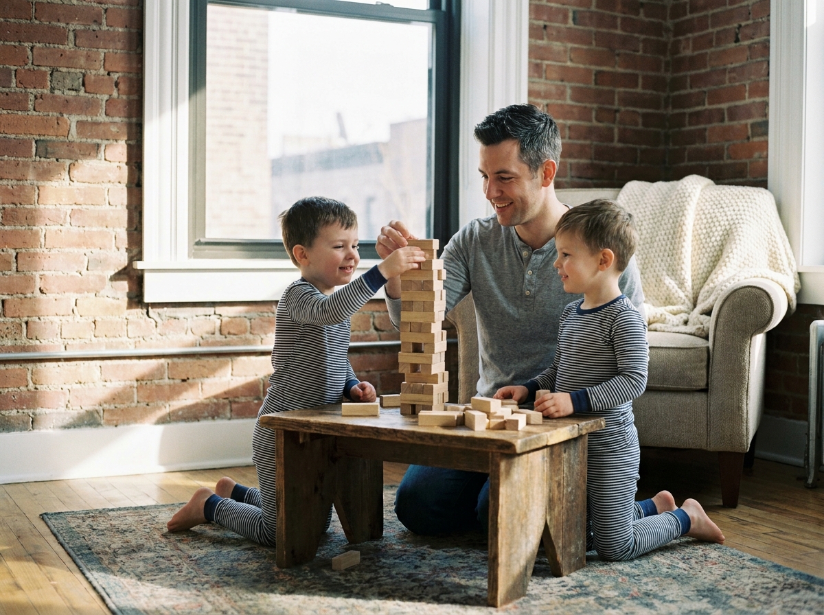 Père et fils construisant une tour de cubes en bois dans un salon avec mur de briques, moment de jeu partagé