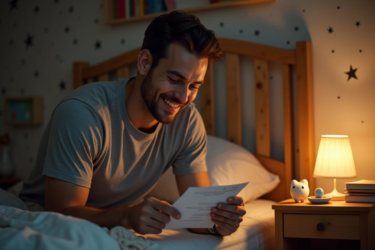 Père lisant la lettre laissée pour la petite souris posée sur une table de nuit avec une dent de lait et une pièce