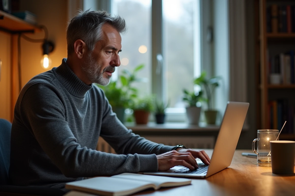 Personne consultant un ordinateur portable pour vérifier une rumeur ou une information familiale, dans un bureau à domicile contemporain