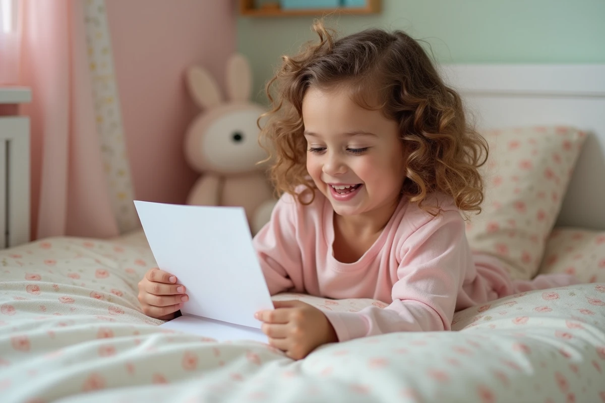 Petite fille en pyjama glissant une lettre pour la petite souris sous son oreiller avec une dent de lait dans la main