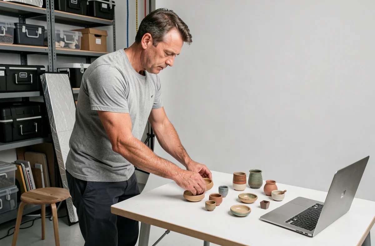 Photographe commercial installant un studio photo pour une séance de produits artisanaux à Montluçon