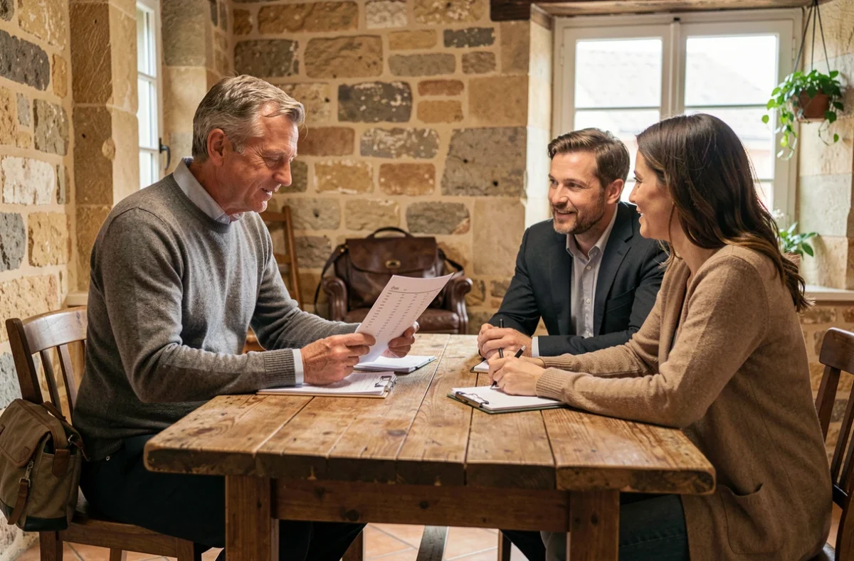 Photographe à Dole discutant des tarifs avec un couple de clients autour d'une table en bois