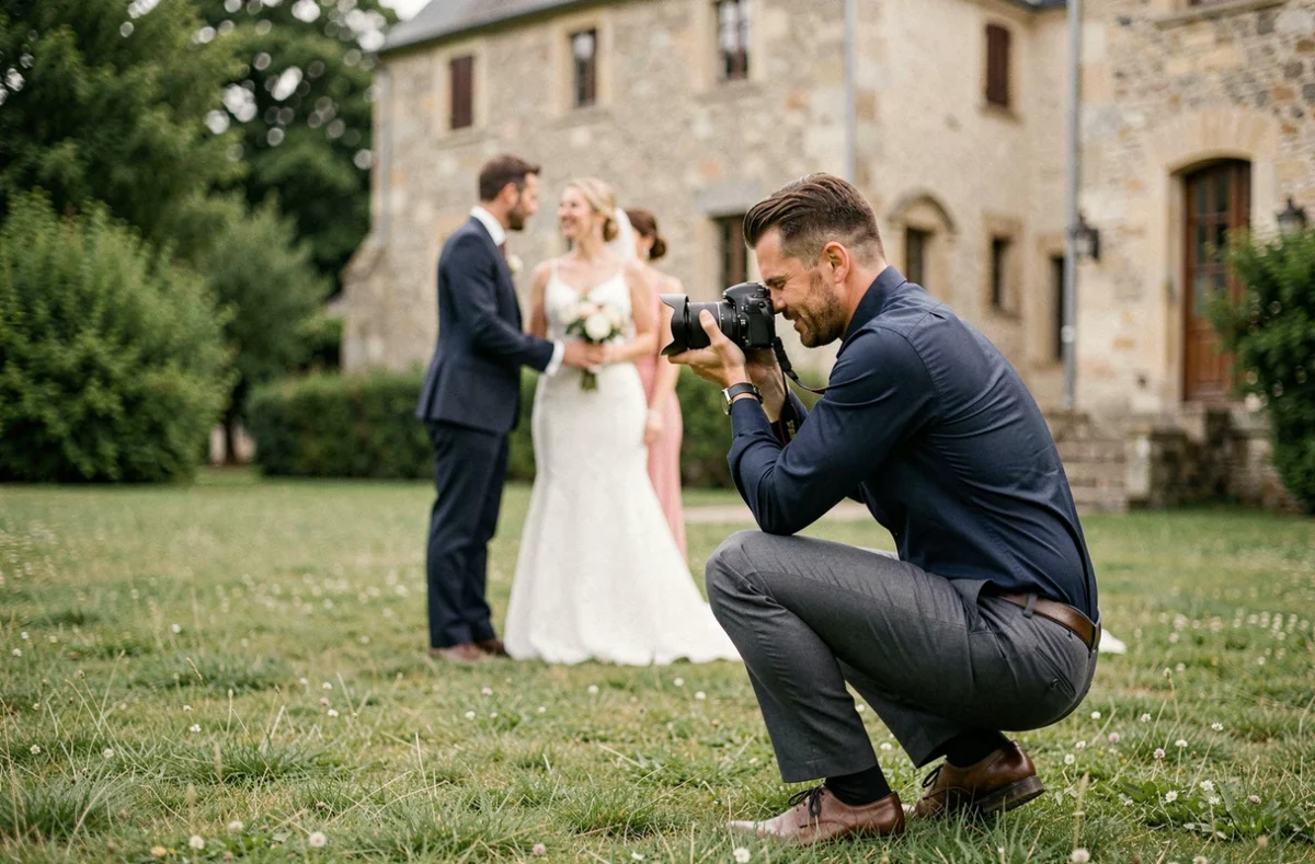 Photographe de mariage en action lors d'une cérémonie en extérieur près de Montluçon