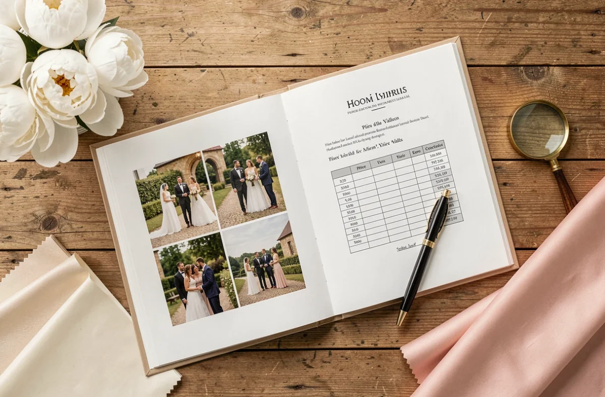 Album photo de mariage ouvert avec contrat et liste de prix sur un bureau en bois rustique, entouré de pivoines blanches et d'échantillons de tissu ivoire, pour illustrer le choix d'un photographe de mariage à Roanne