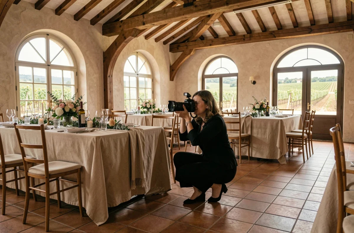 Photographe professionnelle de mariage en action dans une salle de réception à Roanne, cadrant les tables décorées de fleurs dans un domaine viticole avec poutres en bois apparentes