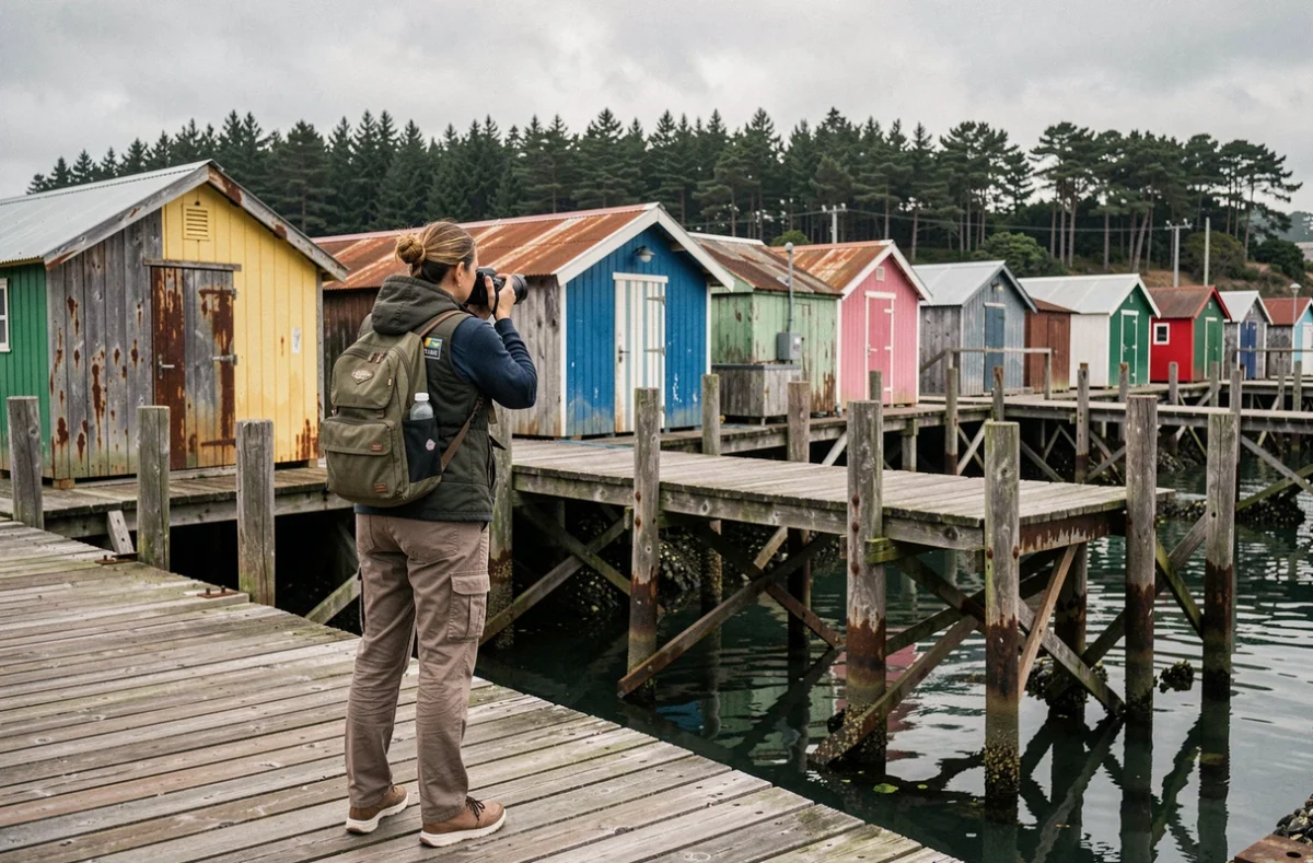 Photographe professionnelle en action au port ostréicole de Gujan-Mestras avec ses cabanes colorées
