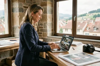 Photographe professionnelle à Dole révisant son portfolio dans un studio avec vue sur la ville du Jura