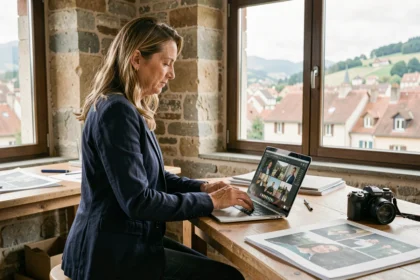 Photographe professionnelle à Dole révisant son portfolio dans un studio avec vue sur la ville du Jura