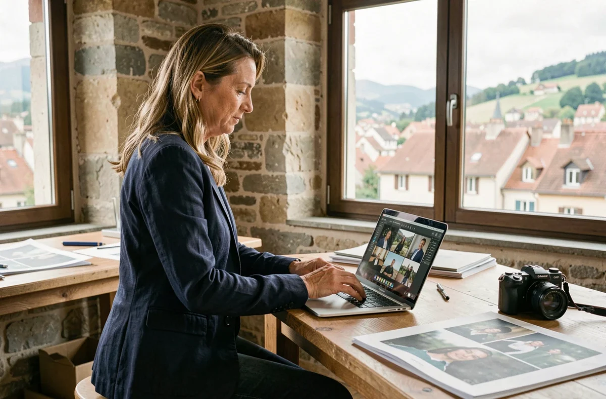 Photographe professionnelle à Dole révisant son portfolio dans un studio avec vue sur la ville du Jura
