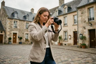 Photographe professionnelle ajustant son appareil photo dans une place de ville bretonne à Lamballe