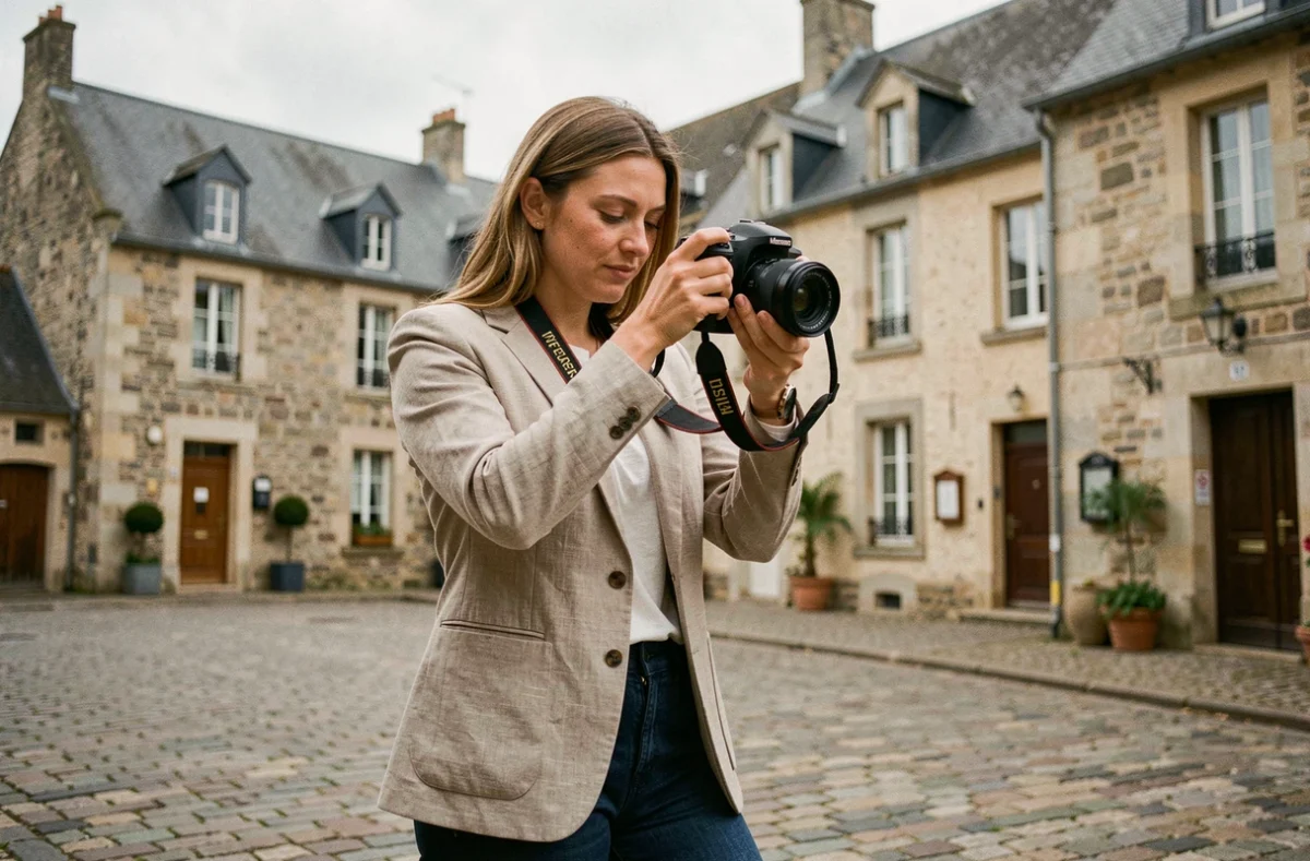 Photographe professionnelle ajustant son appareil photo dans une place de ville bretonne à Lamballe