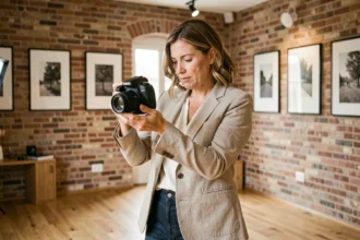 Photographe professionnelle qui consulte ses photos dans un studio moderne à Montluçon