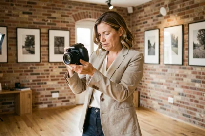 Photographe professionnelle qui consulte ses photos dans un studio moderne à Montluçon