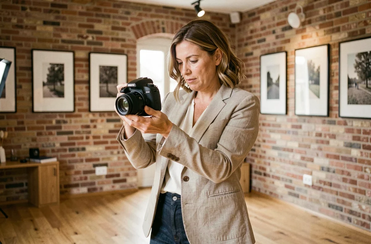 Photographe professionnelle qui consulte ses photos dans un studio moderne à Montluçon