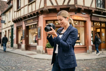 Photographe professionnelle à Vernon consultant ses photos devant un bâtiment à colombages normand