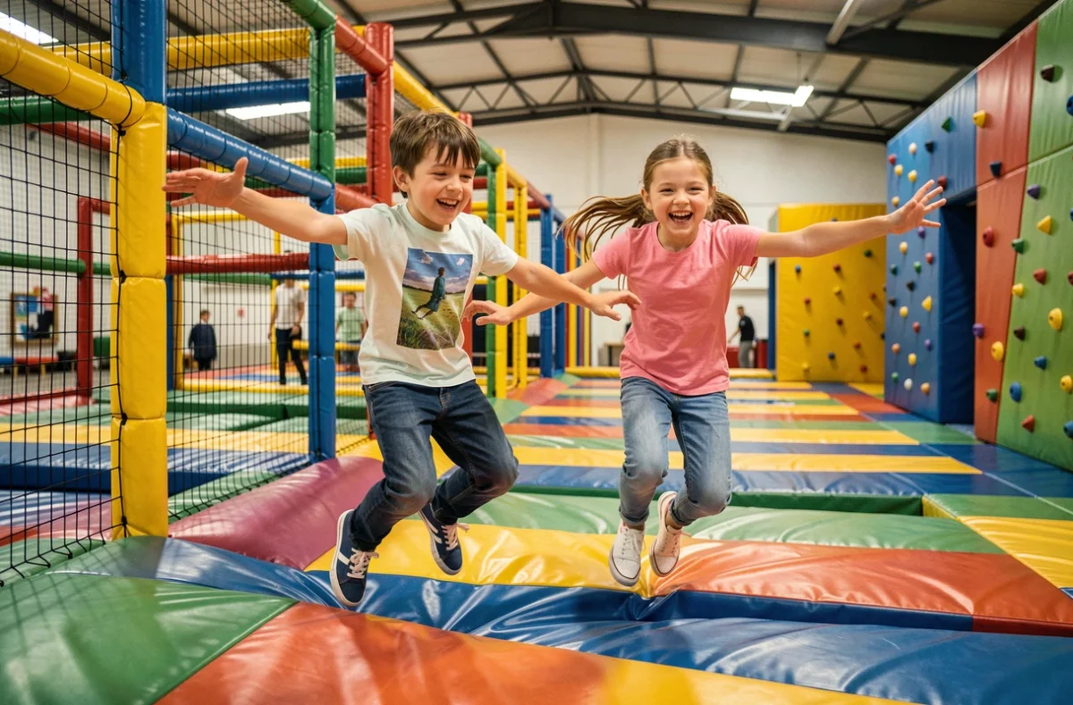 Enfants s'amusant sur les structures gonflables colorées de Planète Loisirs à Andrézieux-Bouthéon