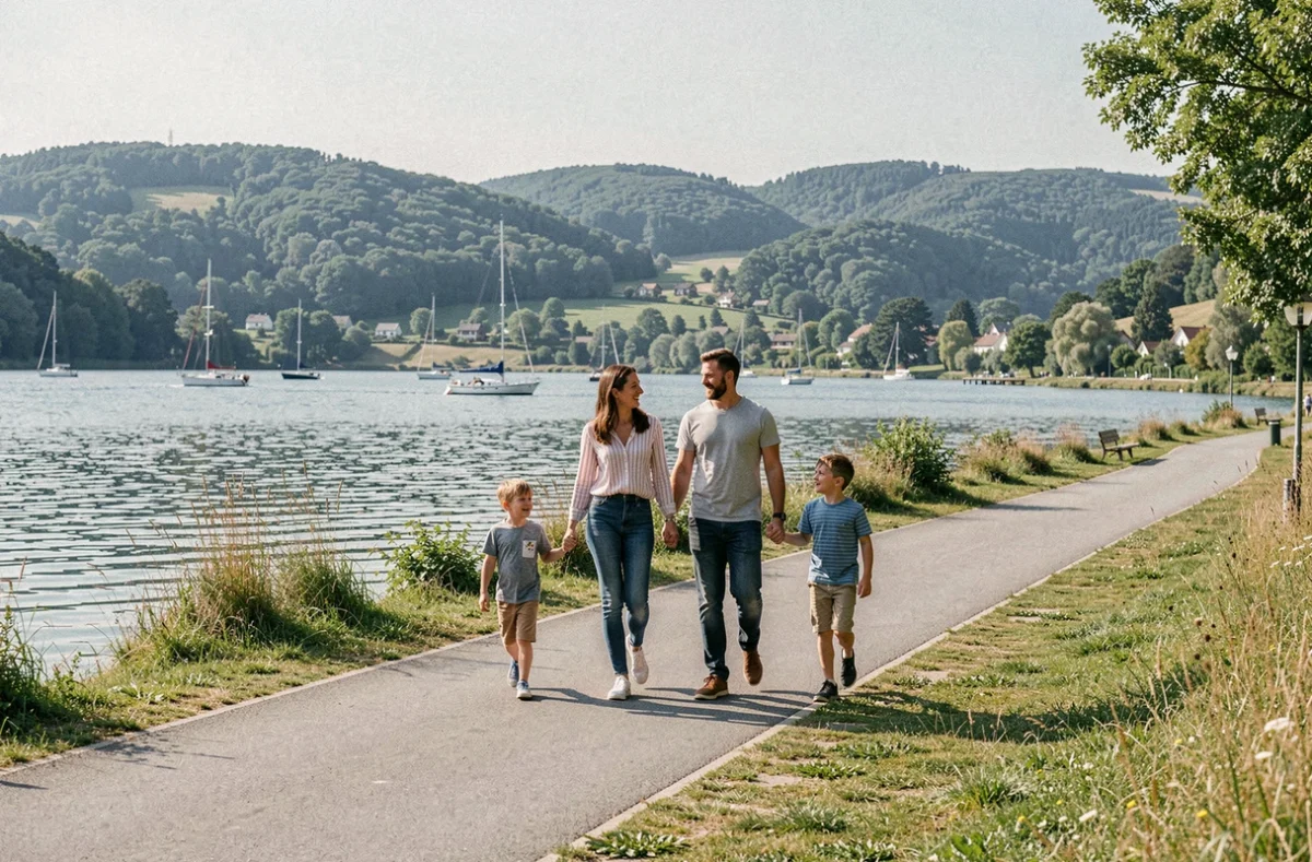 Famille se promenant au bord du Lac de Villerest au Pôle de Loisirs, avec vue sur l'eau et les collines