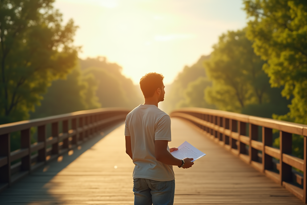 Adulte seul sur un pont regardant l'horizon lumineux
