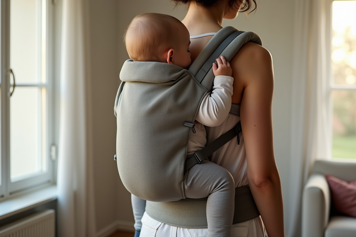 Zoom sur porte-bébé ergonomique porté par un adulte en intérieur