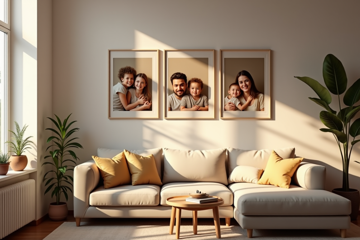 Portraits de familles diverses dans un salon chaleureux
