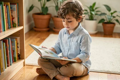 Petit garçon calme et serein lisant un livre assis sur un parquet en bois, illustrant les prénoms garçon doux et apaisants