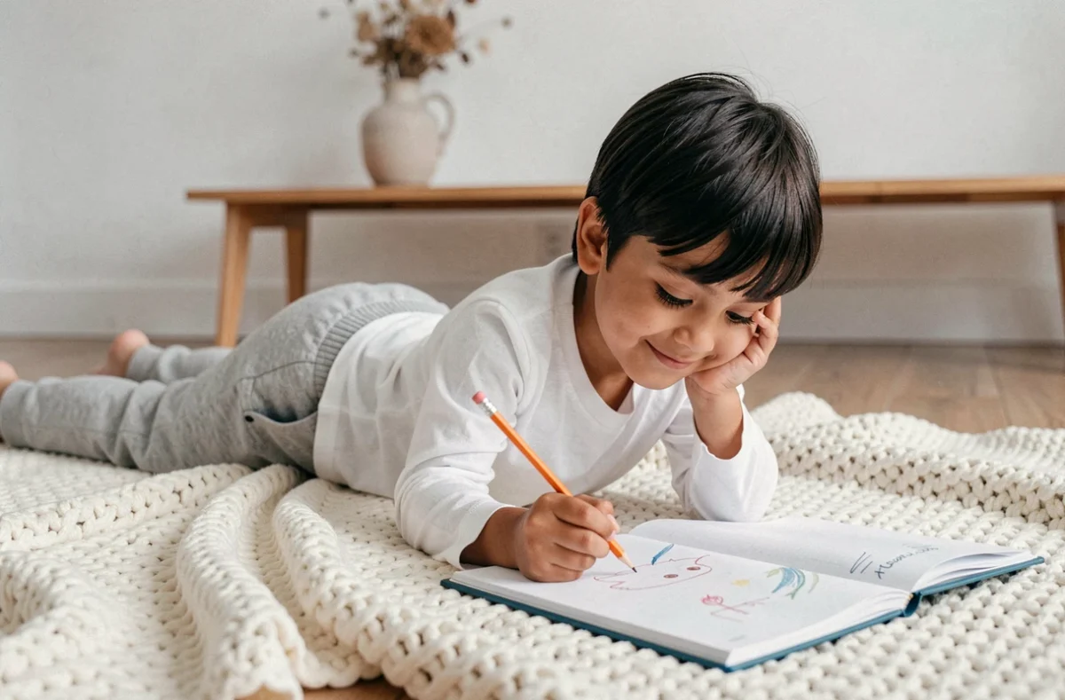 Jeune garçon serein allongé sur une couverture tricotée en train de dessiner paisiblement, illustration d'un prénom garçon doux et calme