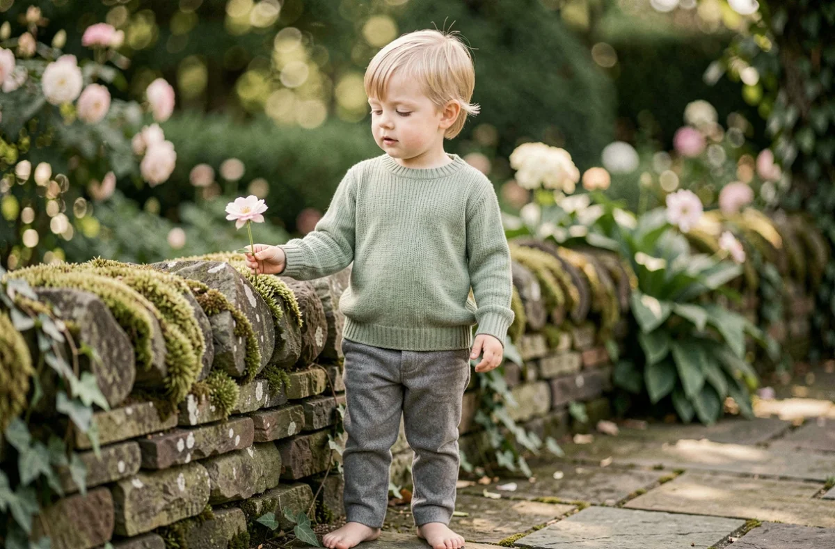 Petit garçon aux cheveux blonds touchant doucement une fleur dans un jardin paisible, évoquant un prénom garçon sensible et apaisant