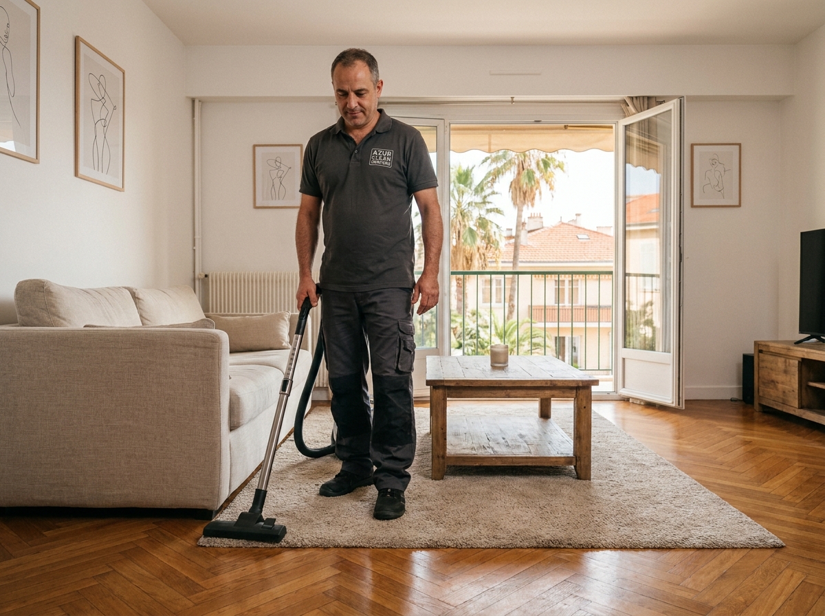 Professionnel du ménage passant l'aspirateur dans un salon lumineux d'un appartement à Nice avec vue sur la ville