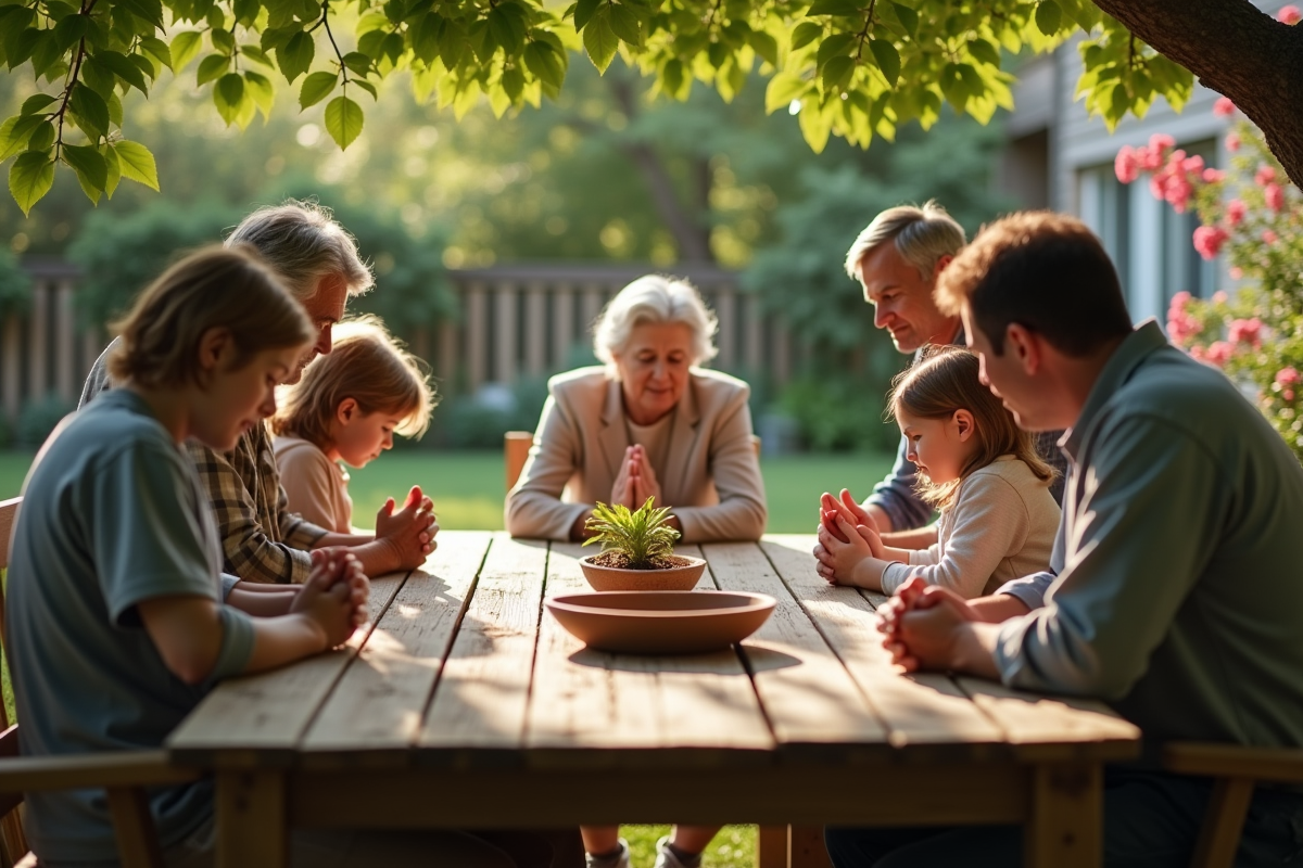 Famille priant dehors sous un arbre dans le jardin