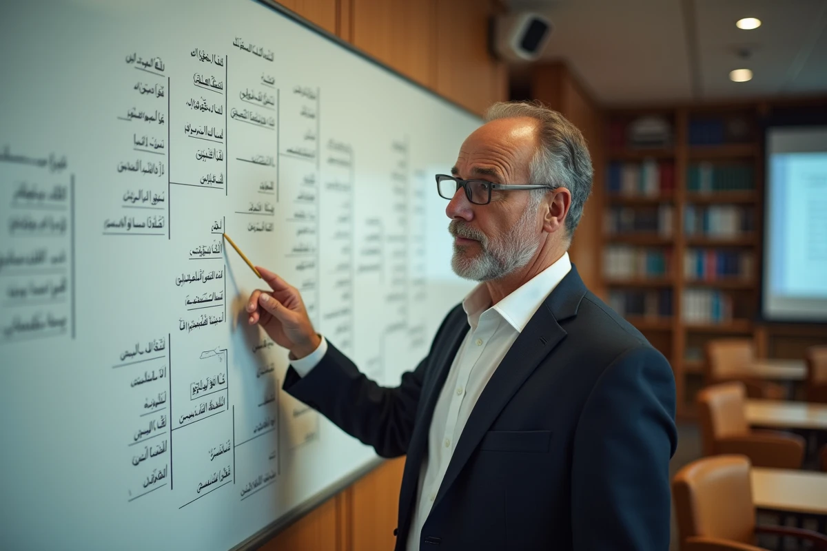 Professeur spécialiste de l'Islam expliquant l'arbre généalogique de la famille du Prophète Mohammed à l'université