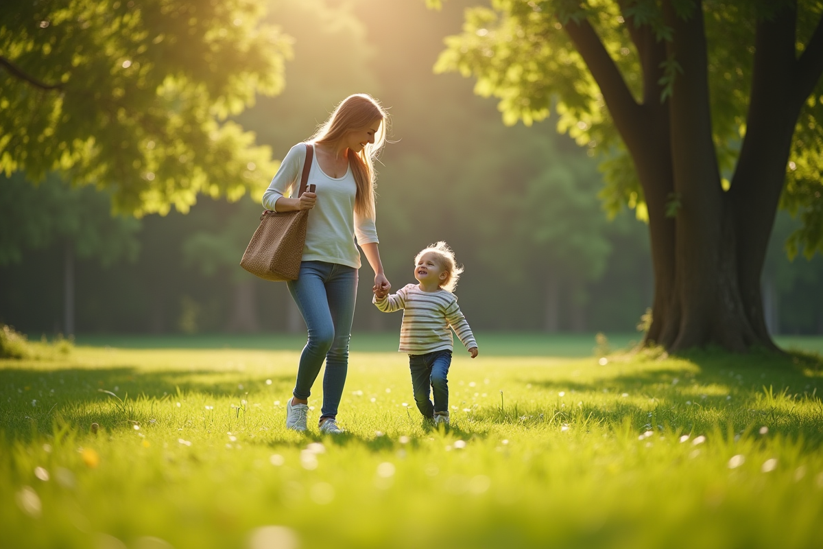 Femme marchant dans un parc avec son enfant
