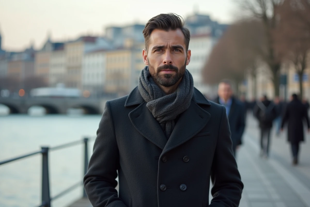 Homme méditerranéen marche le long d'une promenade urbaine en Europe