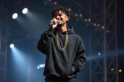 Rappeur français sur scène souriant en tenant un microphone devant une foule en concert
