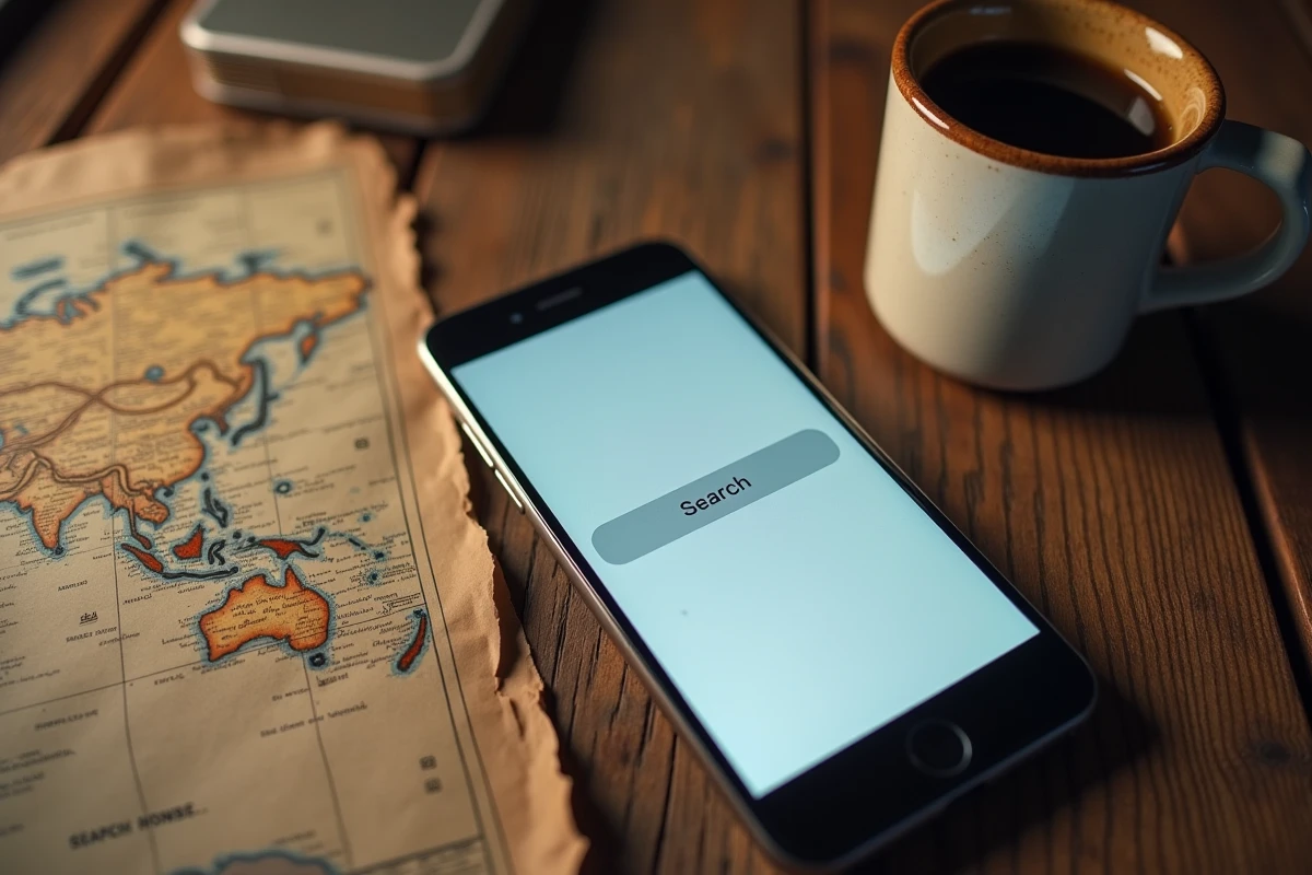 Vue aérienne d'un bureau avec smartphone affichant une recherche sur l'origine d'un nom, entouré de notes manuscrites et d'une carte du monde