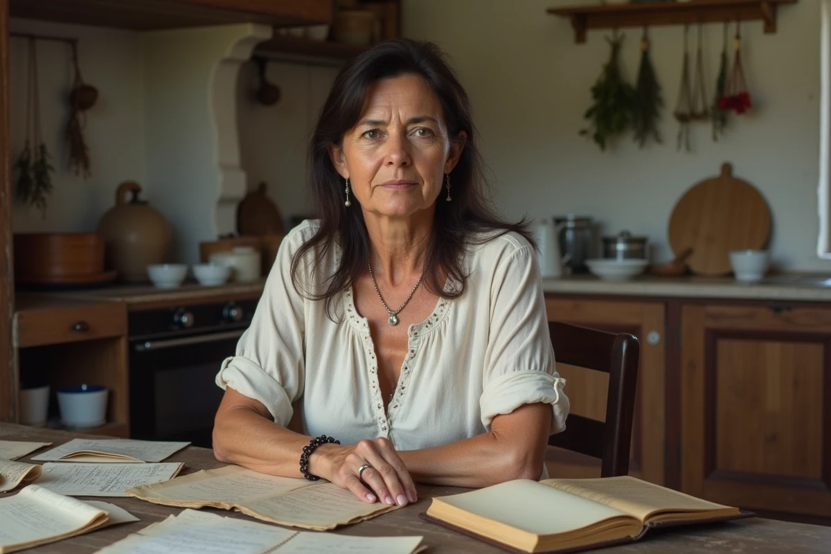 Femme aux origines méditerranéennes consultant des documents généalogiques anciens dans une cuisine traditionnelle, symbolisant la recherche des origines parentales