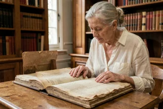 Généalogiste examinant un registre paroissial ancien dans une salle d'archives historiques françaises pour retracer la lignée Philippine Le Noir de Carlan