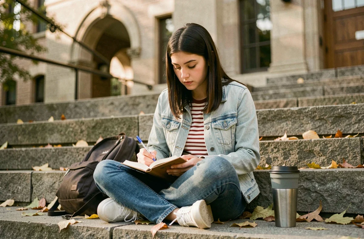 Adolescente écrivant dans un journal sur les marches d'une université pour marquer la rentrée 2026 de façon personnelle