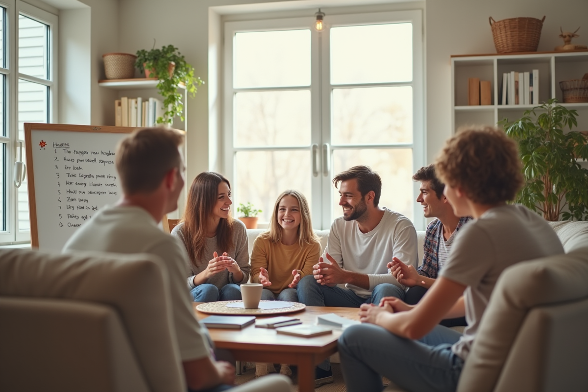 Famille réunie dans un salon lumineux avec tableau des règles