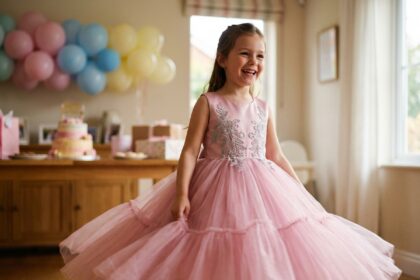 Petite fille en robe de princesse rose à tulle tournoyant lors d'un anniversaire décoré de ballons pastel