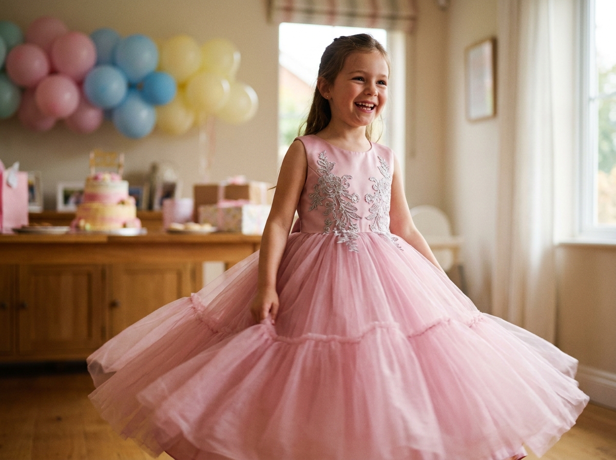Petite fille en robe de princesse rose à tulle tournoyant lors d'un anniversaire décoré de ballons pastel