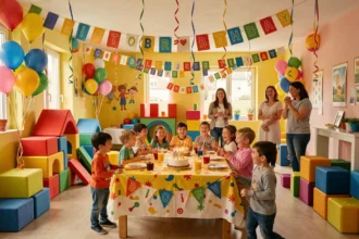 Salle d'anniversaire pour enfants dans les Pays de la Loire avec décorations festives et enfants qui jouent