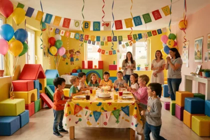 Salle d'anniversaire pour enfants dans les Pays de la Loire avec décorations festives et enfants qui jouent