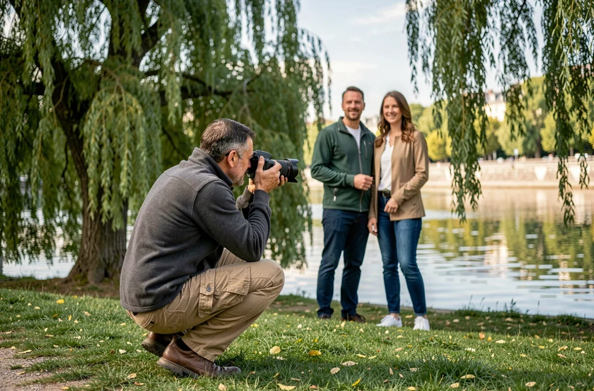 Photographe capturant une séance portrait en extérieur au bord de la Seine à Vernon
