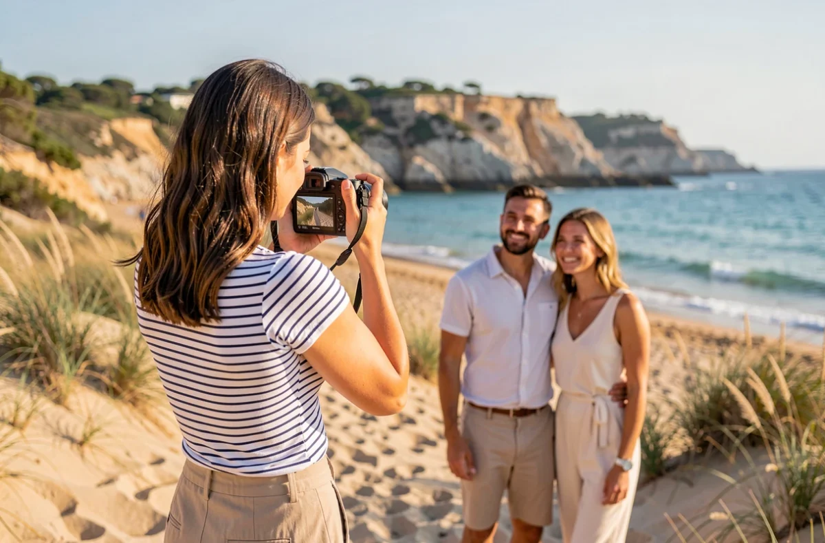 Photographe professionnelle en séance photo sur la plage d'Agde avec un couple