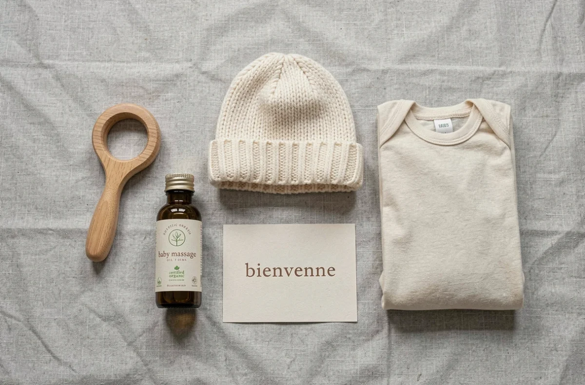 Flat lay de cadeaux de naissance responsables incluant hochet en bois, bonnet en laine bio et body en bambou