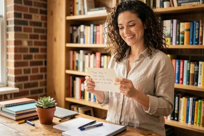 Femme tenant une carte manuscrite pour souhaiter une bonne rentrée 2026 de façon originale et sincère