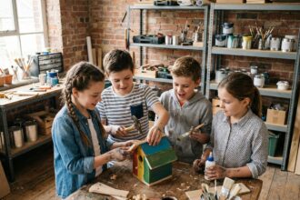 Enfants concentrés lors d'un stage artisanal Apprends et Rêve, construisant une cabane à oiseaux en bois dans un atelier créatif pendant les vacances