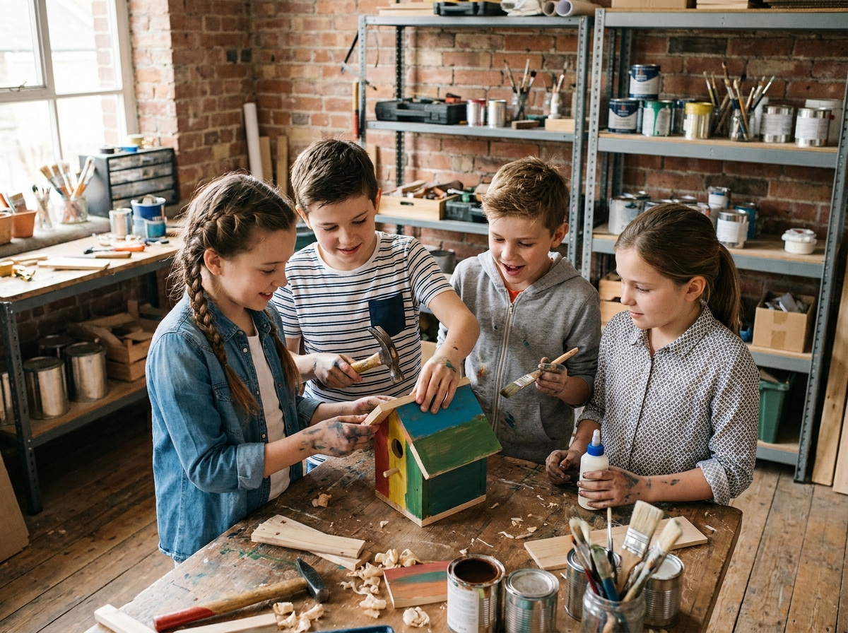 Enfants concentrés lors d'un stage artisanal Apprends et Rêve, construisant une cabane à oiseaux en bois dans un atelier créatif pendant les vacances